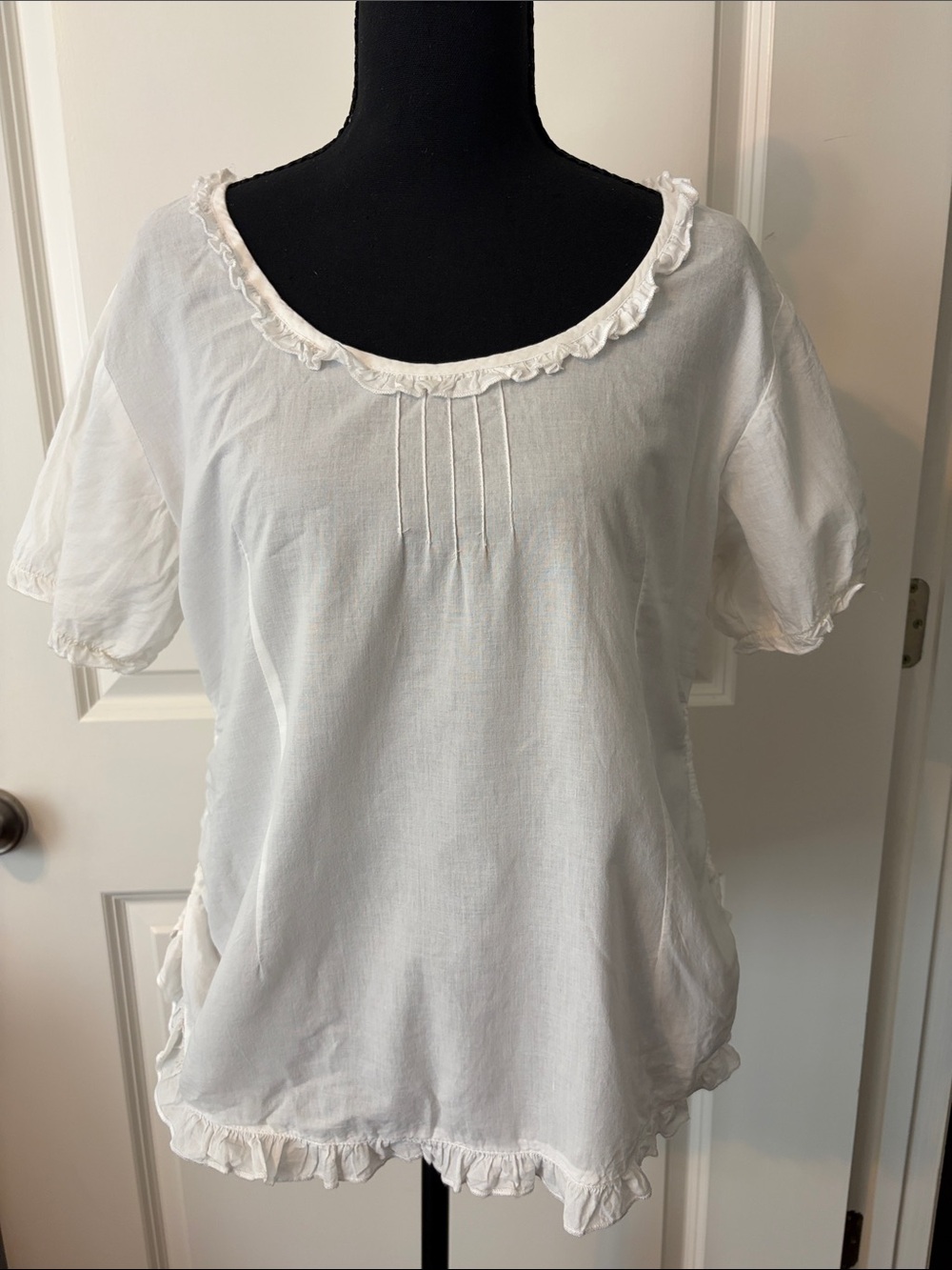 Women's White Ruffle Trim Scoop Neck Blouse